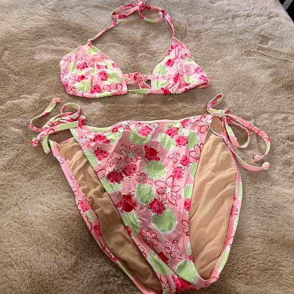 Lilly Pulitzer Swim Lilly Pulitzer Vibtage Ladybug Floral Pink And Green Bikini Set L Poshmark